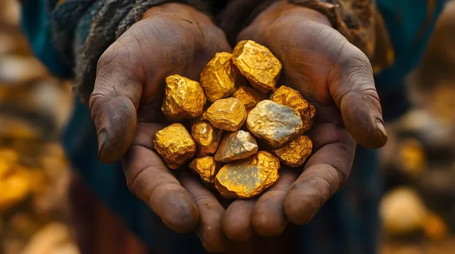 Goldnuggets in rauen Händen gehalten
