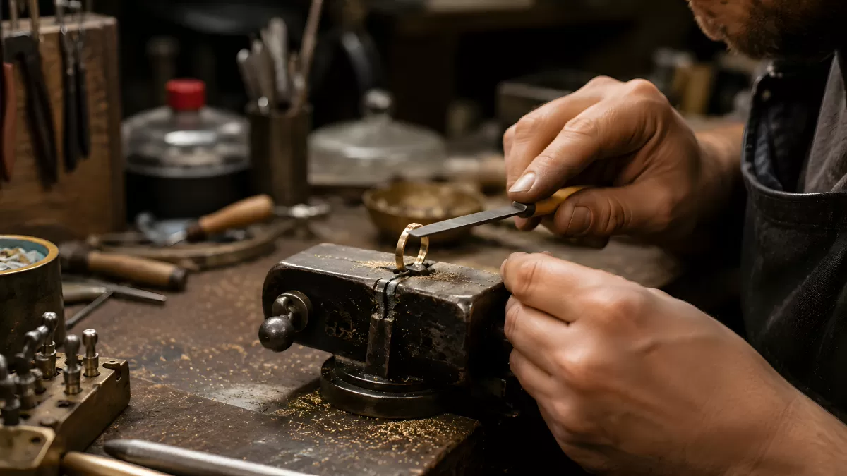 Goldschmied bearbeitet einen Ring in der Werkstatt