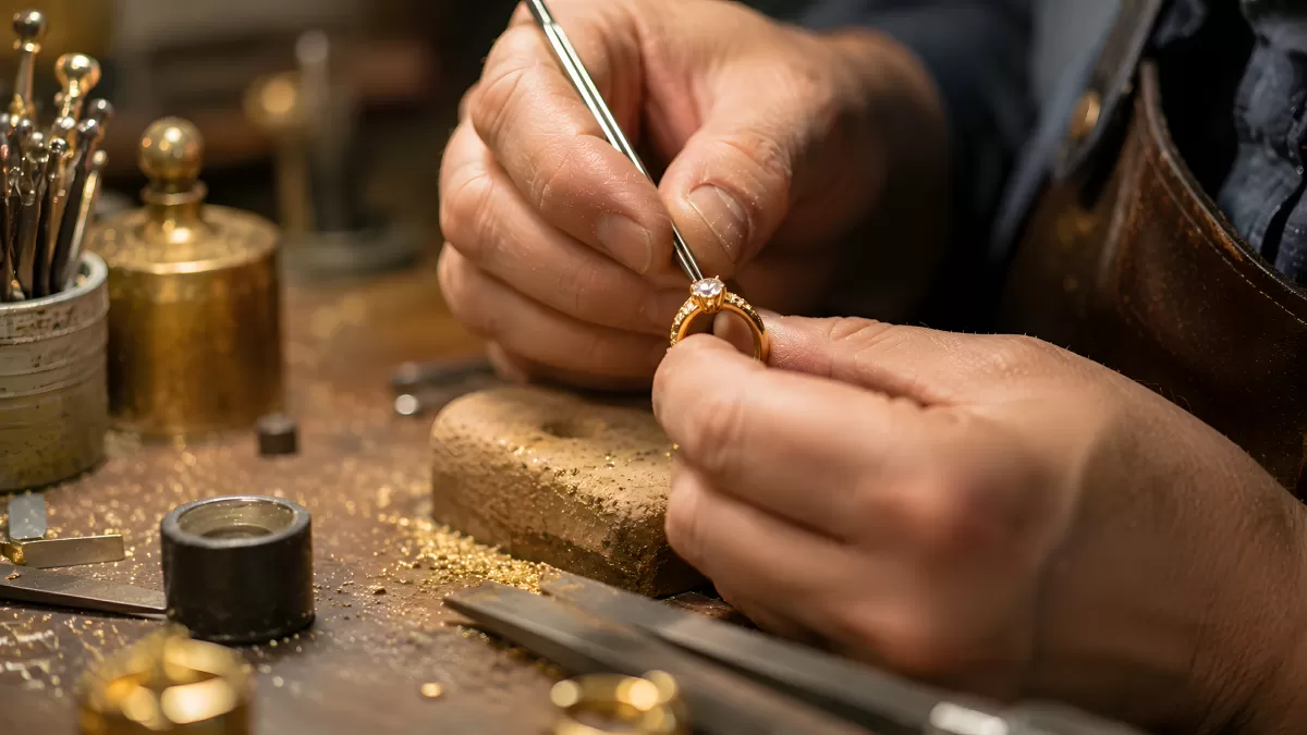 Goldschmied setzt Diamant in Goldring mit Pinzette