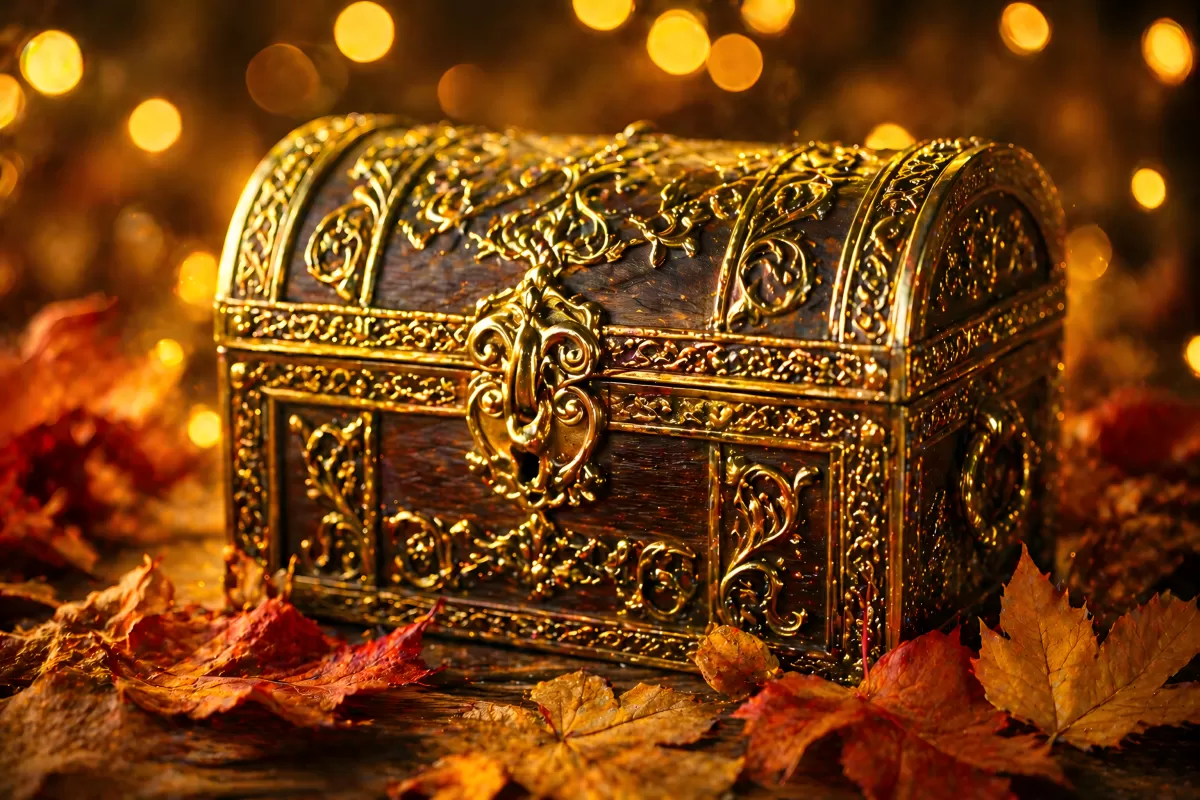 Goldverzierte Schatztruhe zwischen Herbstlaub