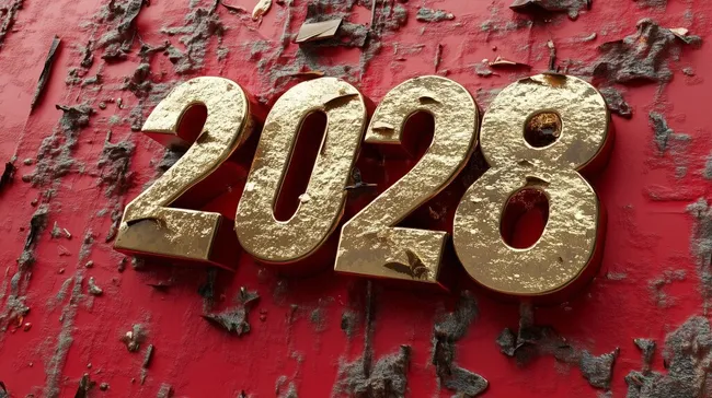 Goldzahl 2028 auf verwitterter, roter Oberfläche