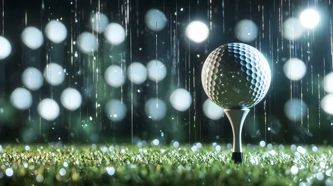 Golf-Ball auf Abschlag bei Regennacht mit Bokeh-Lichtern