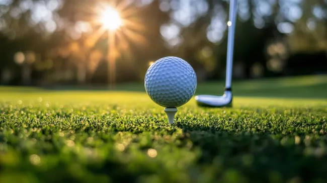 Golfball auf Abschlag mit Golfschläger im Sonnenuntergang
