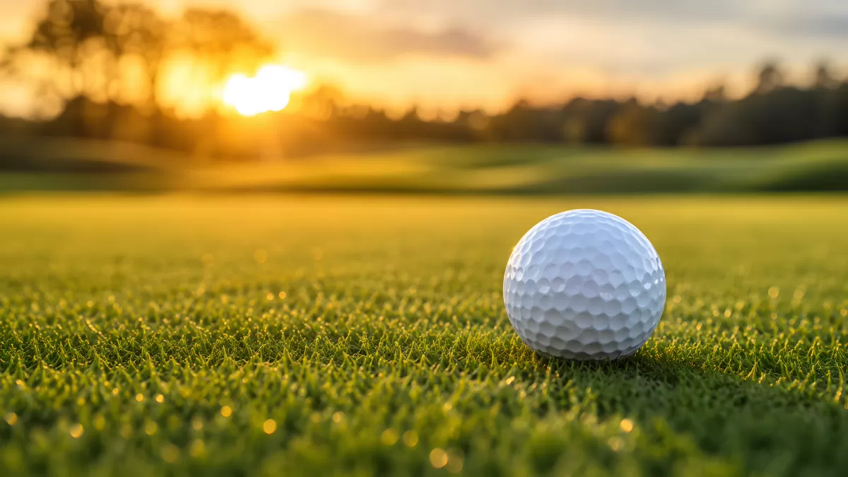 Golfball auf grünem Rasen bei goldenem Sonnenuntergang