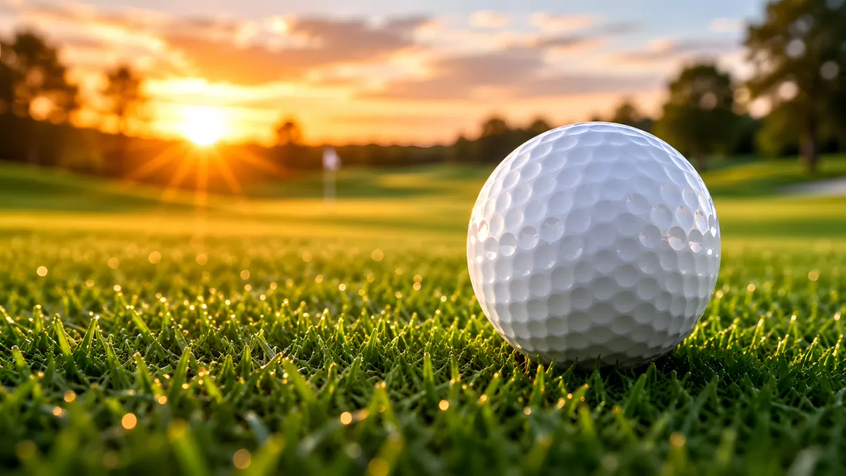 Golfball auf grünem Rasen im Sonnenuntergang