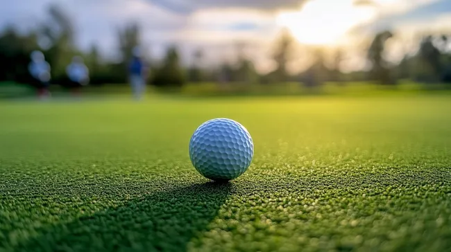 Golfball auf grüner Wiese bei Sonnenuntergang