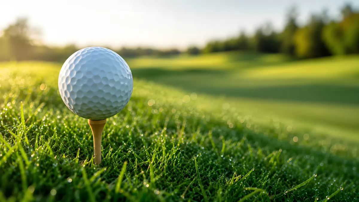 Golfball auf Tee im morgendlichen Sonnenlicht