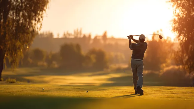Golfer bei Sonnenuntergang auf sonnigem Golfplatz
