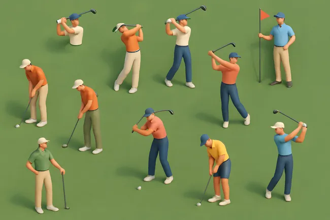 Golfer in verschiedenen Schwungpositionen auf grünem Rasen