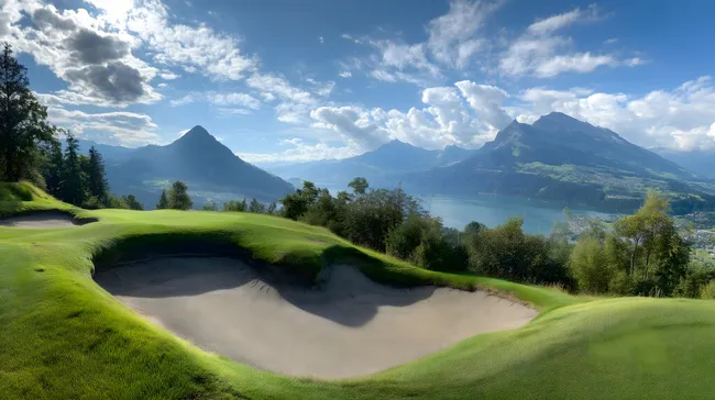 Golfplatz mit Bergpanorama am See