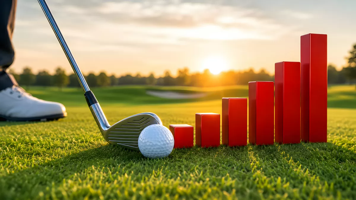 Golfschläger und Ball auf grünem Rasen mit Balkendiagramm