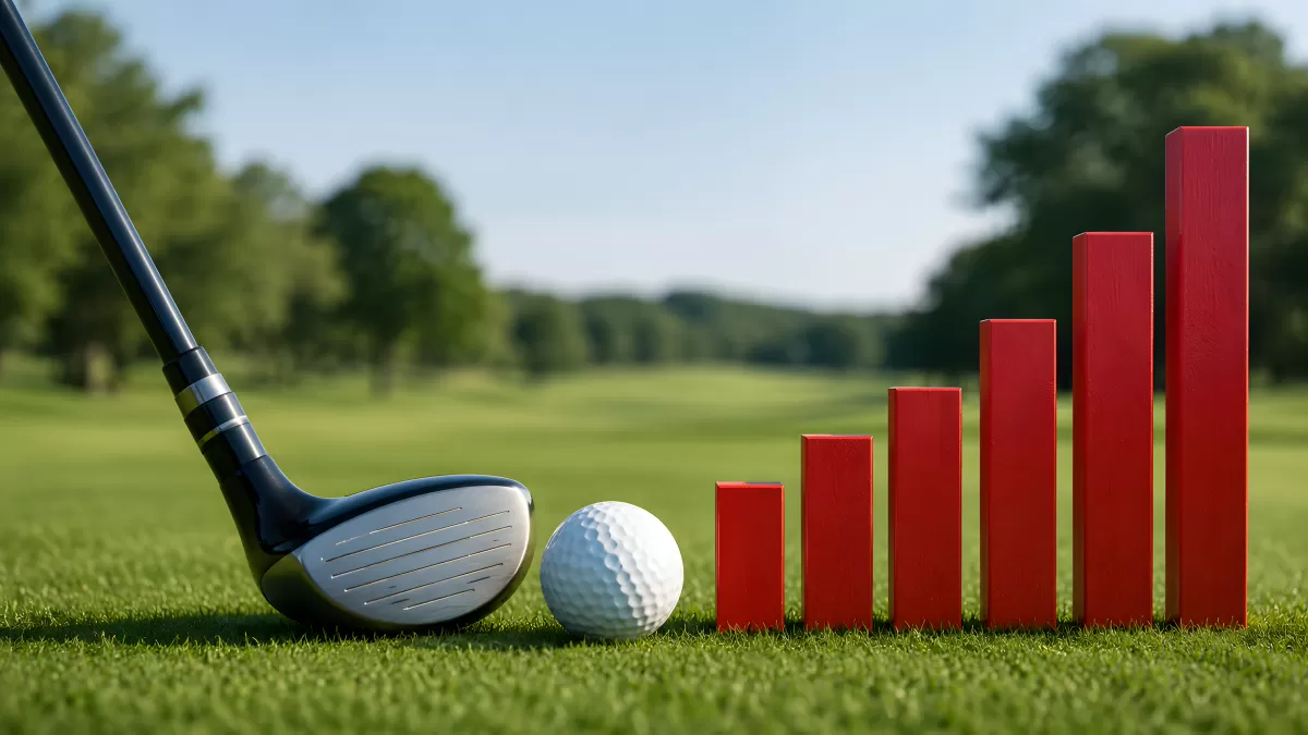 Golfschläger und Ball neben rotem Balkendiagramm