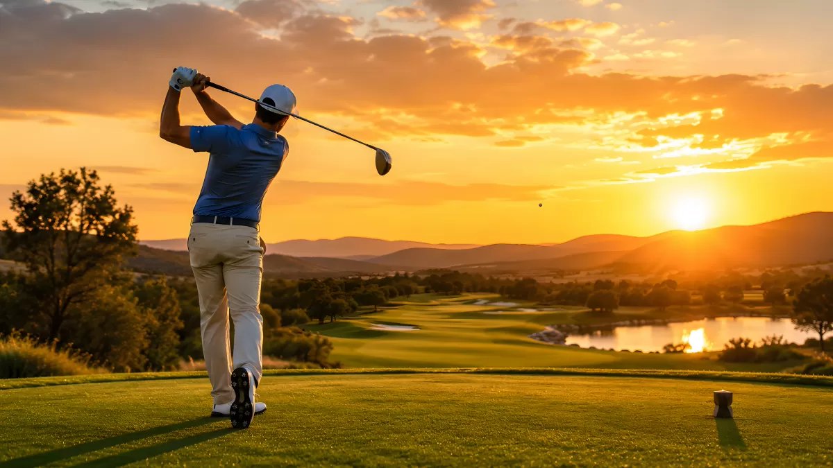 Golfspieler beim Abschlag im goldenen Sonnenuntergang
