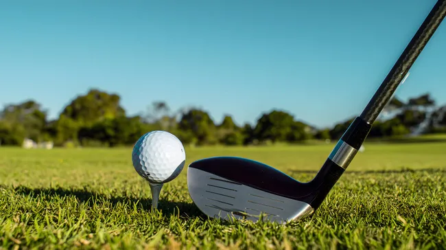 Golfspieler legt Abschlag auf Grün mit Treiber-Holz