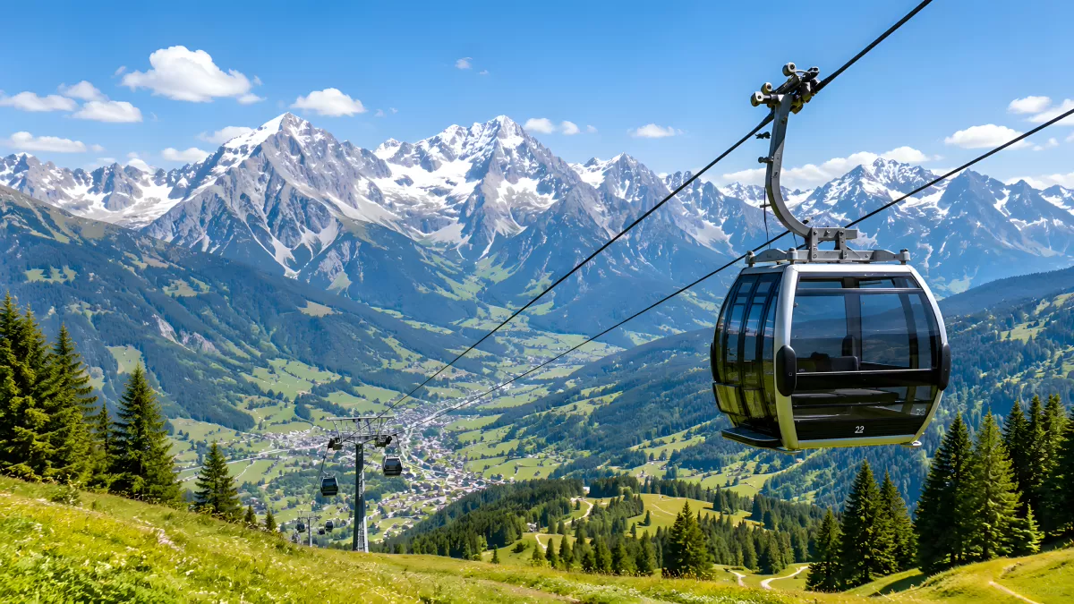 Gondelbahn über Alpental mit Bergpanorama im Sommer