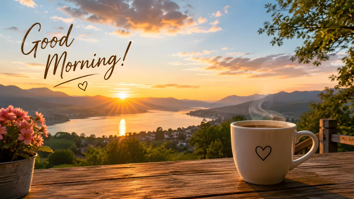 Good Morning Kaffeetasse bei Sonnenaufgang am See