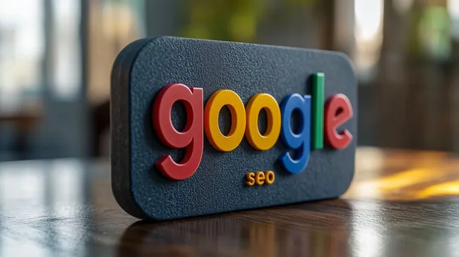 Google-Logo in SEO-Optimierter Darstellung auf Holztisch