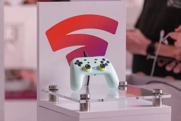 Google Stadia's white controller on display at Gamescom trade fair for digital games culture