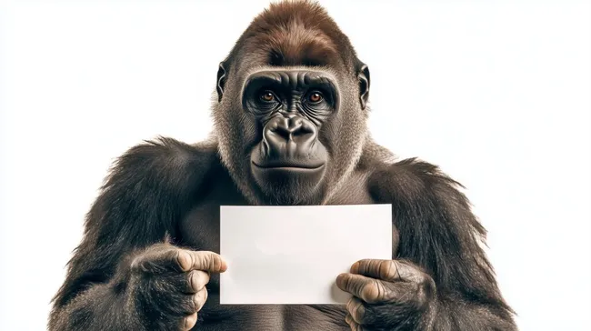 Gorilla mit Schild auf weißem Hintergrund