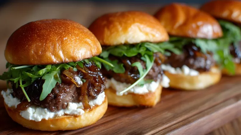 Gourmet Burger mit Rucola und Ziegenkäse auf Holzbrett