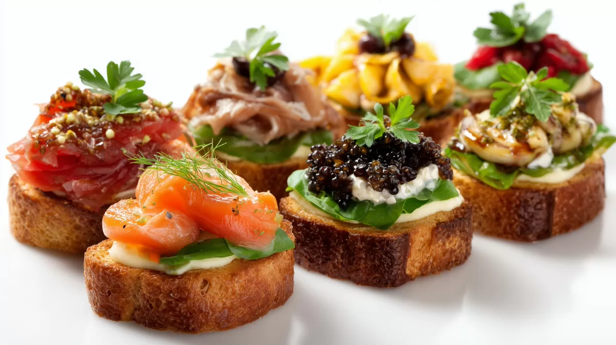 Gourmet Canapés und Bruschettas auf weißem Grund