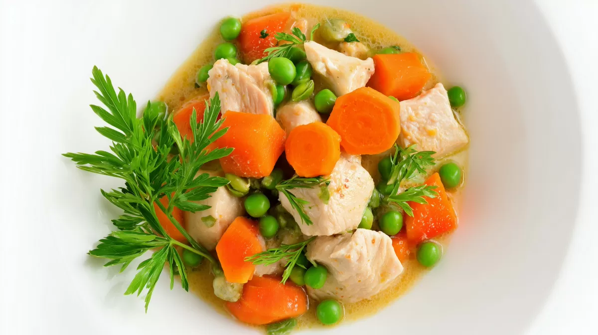 Gourmet Hühnerfrikassee mit Karotten und grünen Erbsen