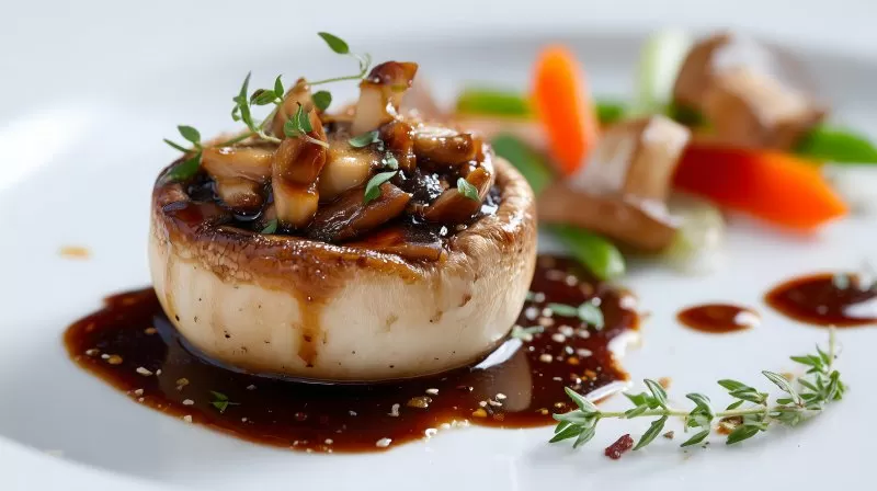 Gourmet Pilzgericht mit dunkler Sauce auf weißem Teller