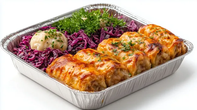 Gourmet-Rouladen mit Rotkohl und Knödeln in Aluminiumschale