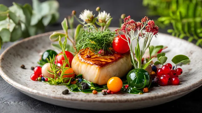 Gourmetküche mit aromatischen Kräutern und geschmortem Fischfilet