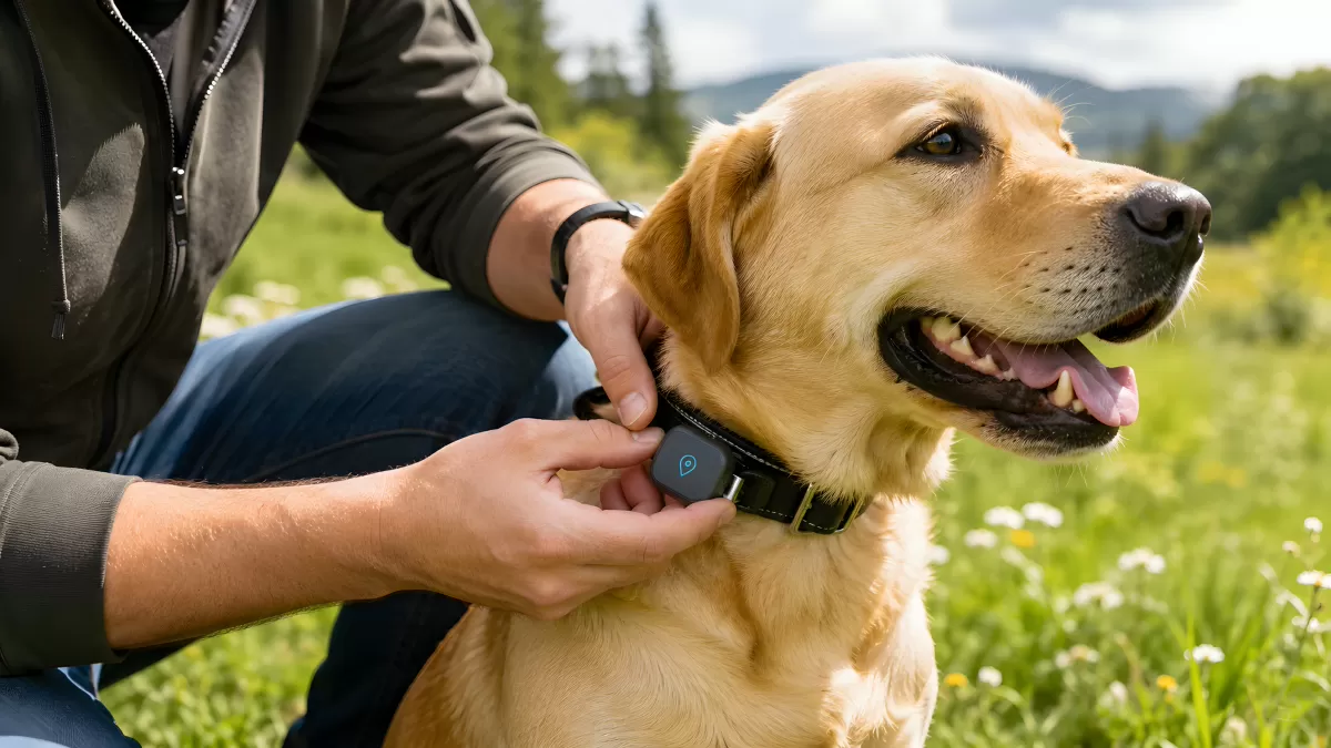 GPS-Tracker wird an Labrador-Halsband befestigt