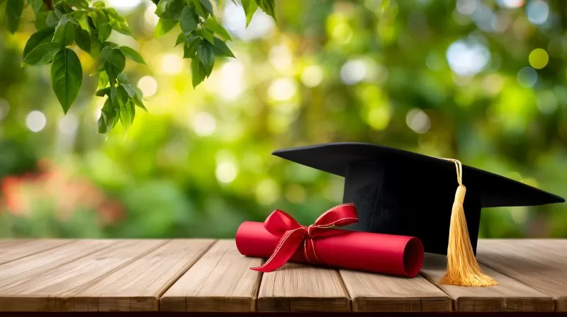 Graduation cap and diploma on wooden table in natural setting