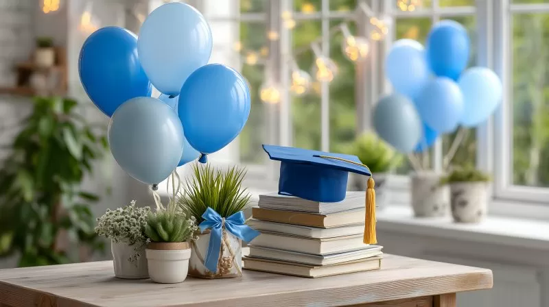Graduation party setup with blue balloons and academic cap