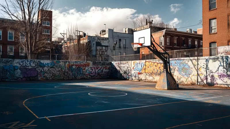 Graffiti-Basketballplatz in urbanem Viertel