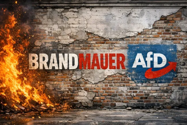 Graffiti-Brandmauer mit AfD-Logo im Feuer