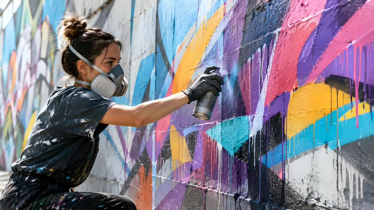 Graffiti-Künstlerin sprüht farbenfrohe Streetart an Wand