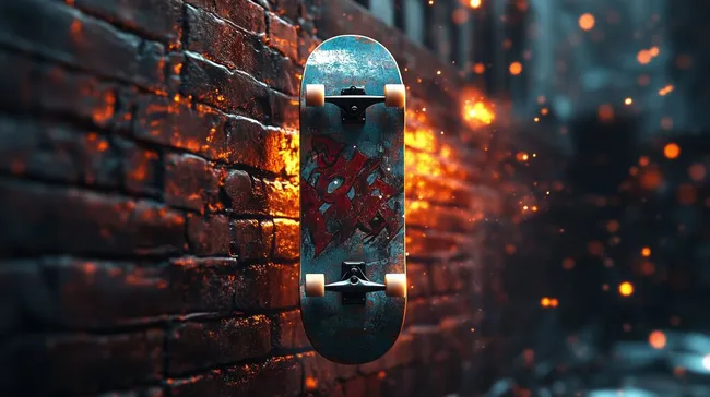 Graffiti-Skateboard vor Ziegelwand in urbaner Kunstszene