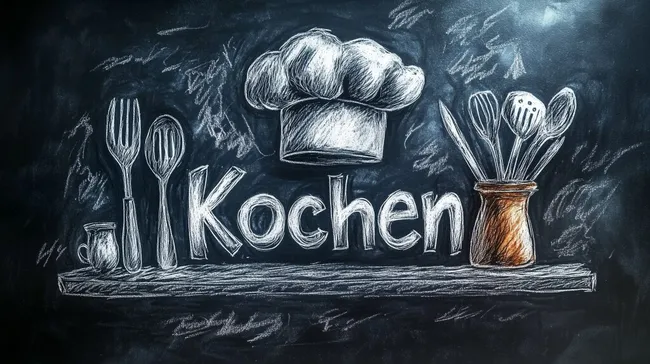 Grafische Kreide-Illustration von Küchenutensilien und Kochen-Schriftzug