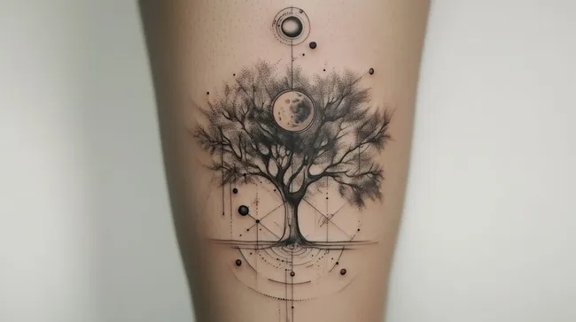 Grafisches Tattoo-Motiv: Mystischer Baum mit Mondkugel