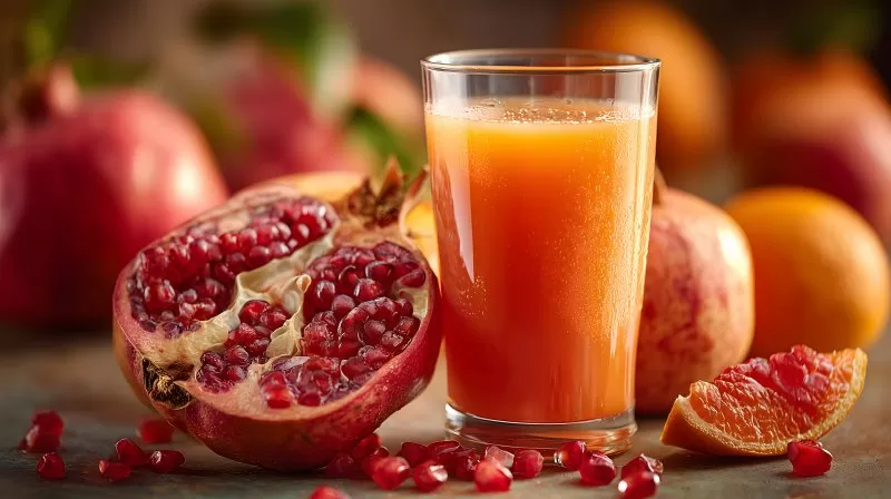 Granatapfel Orangensaft mit Früchten im Vordergrund
