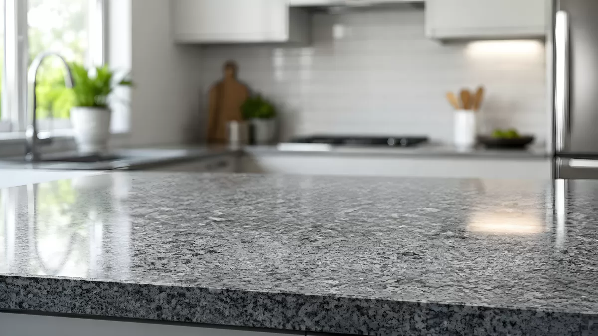 Granitarbeitsplatte in moderner heller Küche