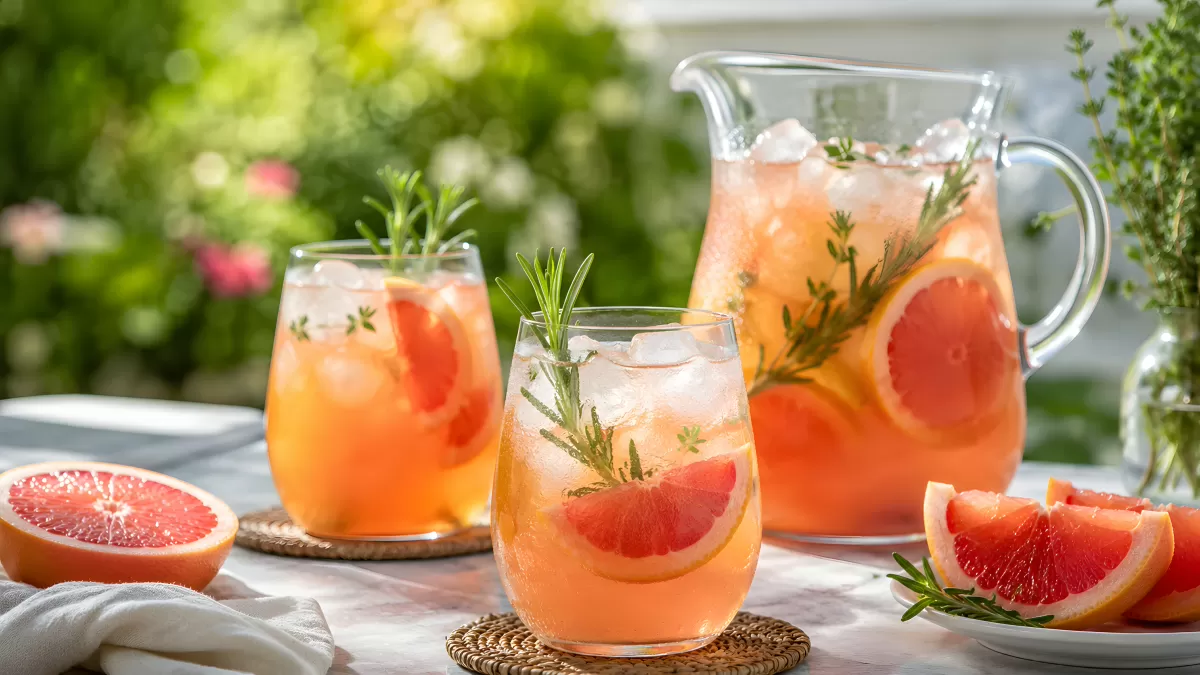 Grapefruit-Limonade mit Rosmarin im Sommergarten