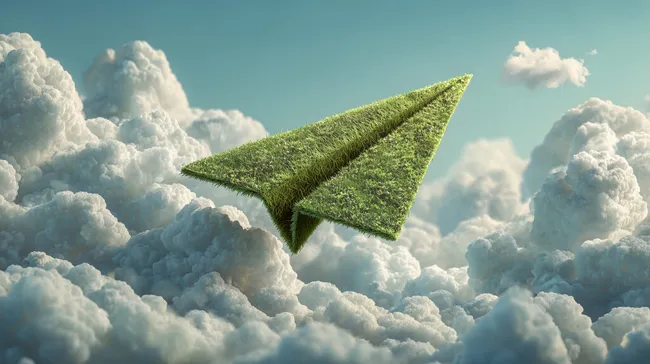 Grasbewachsenes Papierflugzeug schwebt in Wolkenlandschaft