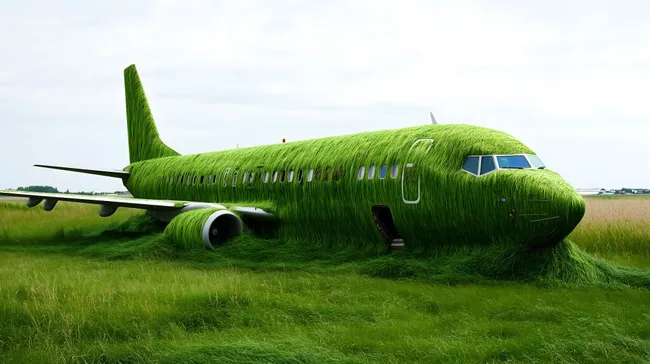 Grasüberwuchertes Flugzeug in grüner Landschaft