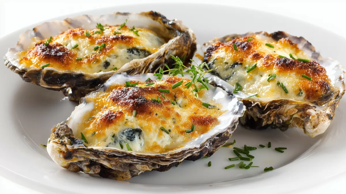 Gratinierte Austern mit Käsekruste auf weißem Teller