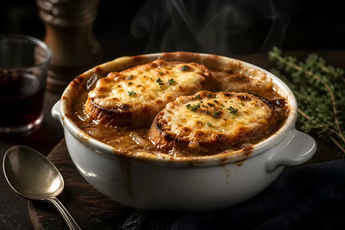 Gratinierte Zwiebelsuppe mit Käse und Baguette