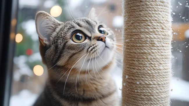 Graue Katze beim Krallenwetzen an Kratzbaumstamm