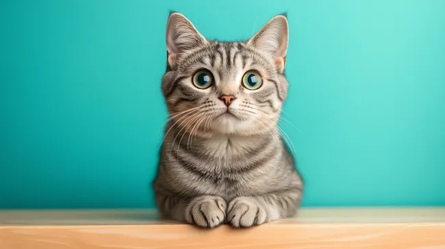 Graue Katze mit großen Augen auf türkisfarbenem Hintergrund