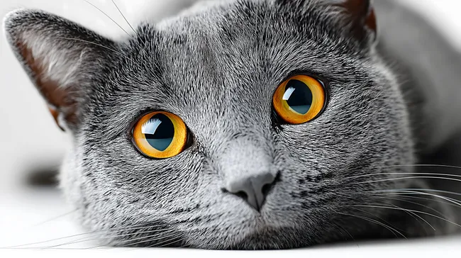 Graue Katze mit leuchtenden Augen im Nahaufnahme-Porträt