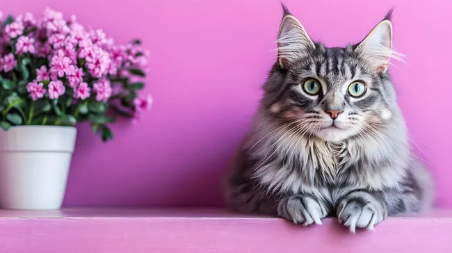 Graue Mainecoon-Katze auf pinkem Hintergrund