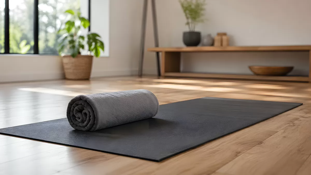 Graue Yogamatte mit gerolltem Handtuch im Heimstudio